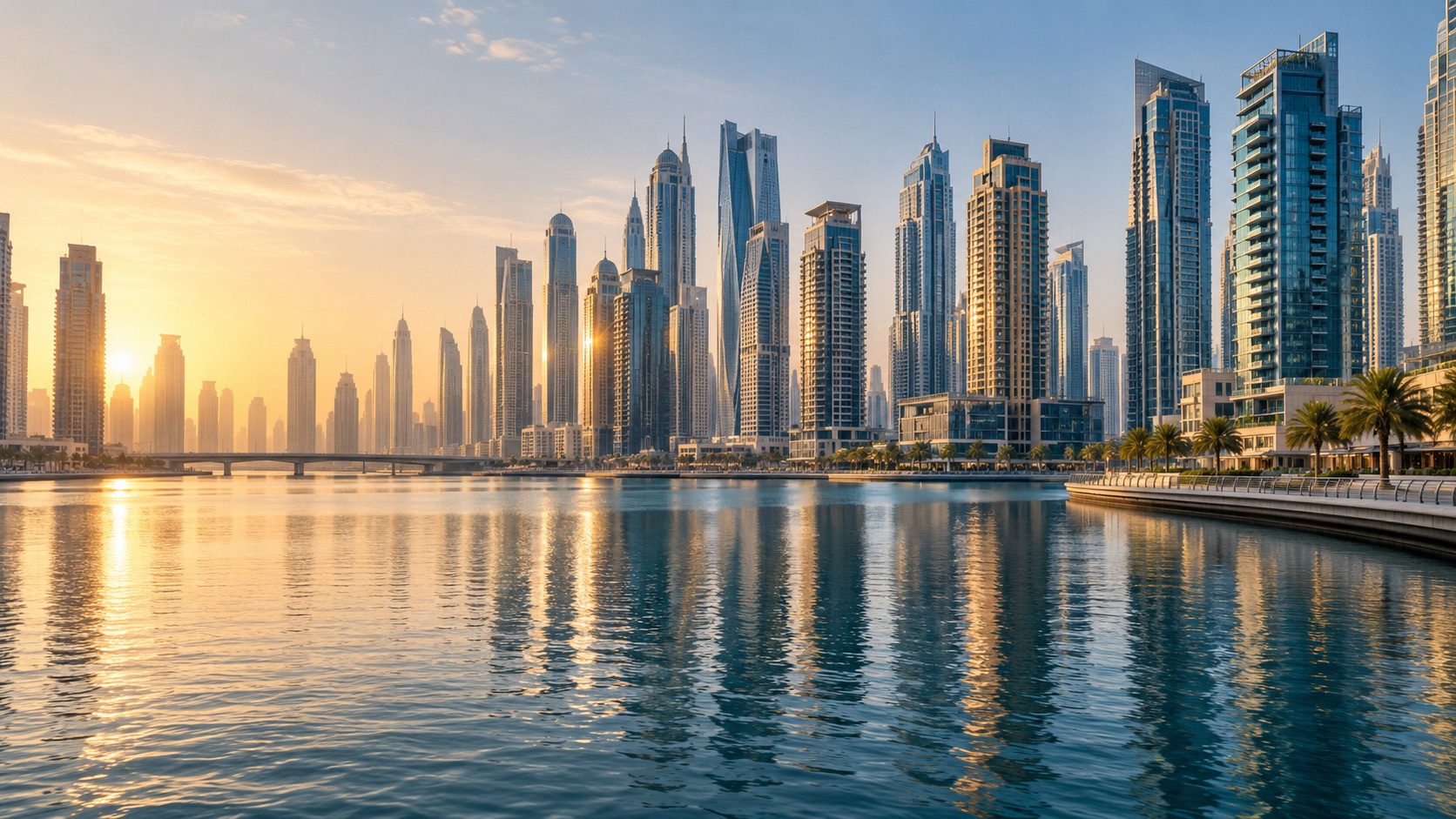 An editorial view of Dubai’s waterfront and skyline at sunset
